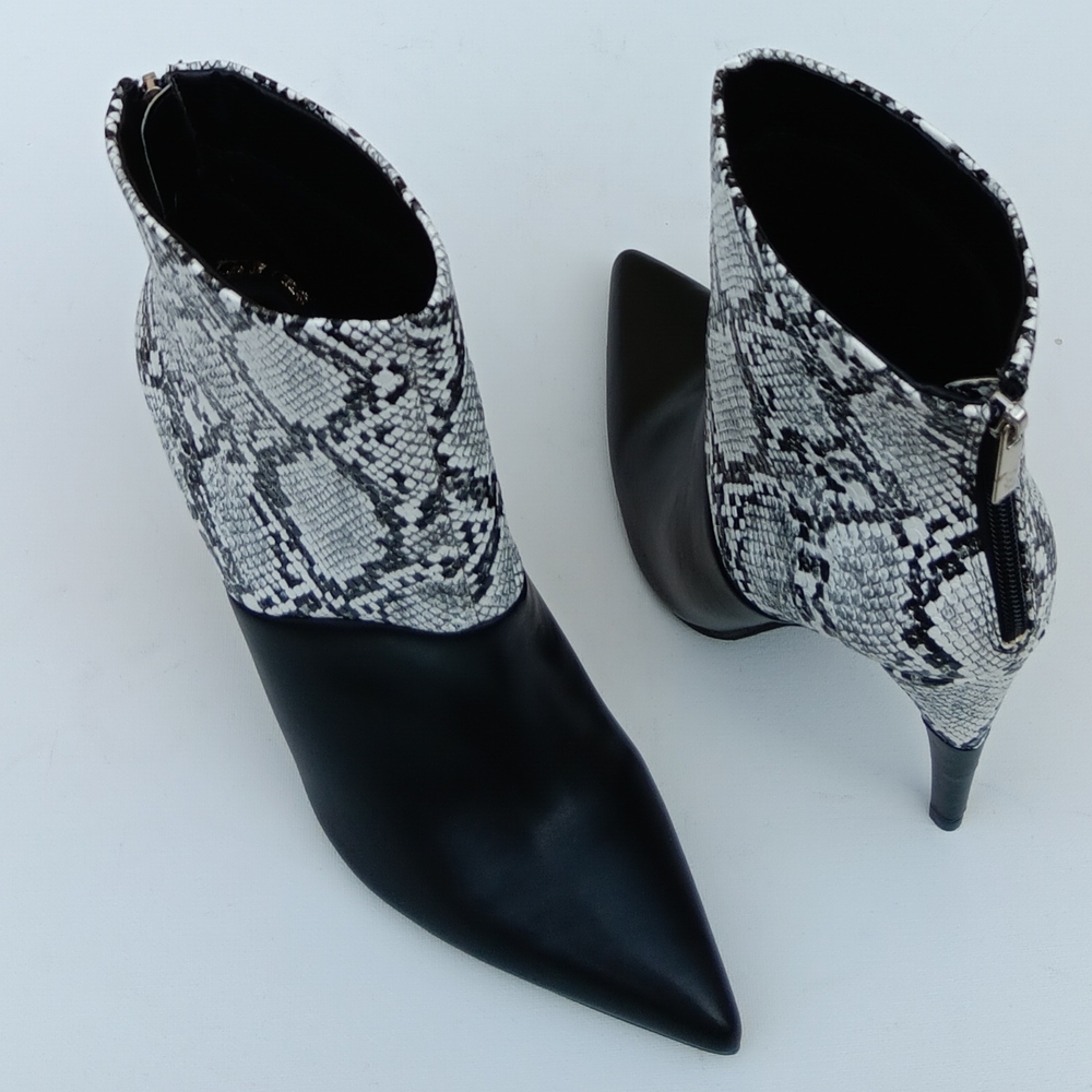 JUSTFAB Women's Wild Stiletto  Black and White Snakeskin Ankle Heel  Bootie  - 8